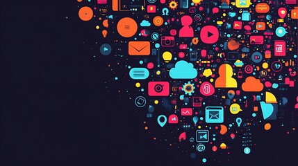 Obraz premium A dark background with a cluster of colorful social media icons in the top right corner.