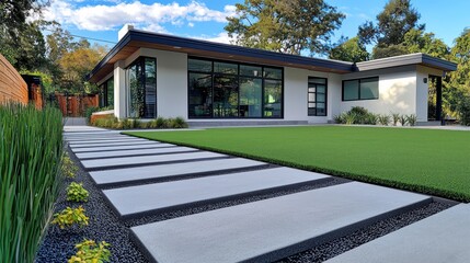 Obraz premium Slate gray synthetic grass around a modern home with minimalist design and straight concrete walkway