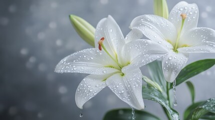 A close-up of elegant white lilies adorned with water droplets against a soft background.