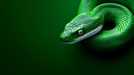 Fototapeta premium Cute green snake isolated on background, symbol of year 2025 with copy space. Holiday reptile, Christmas greeting card, New Year mascot.