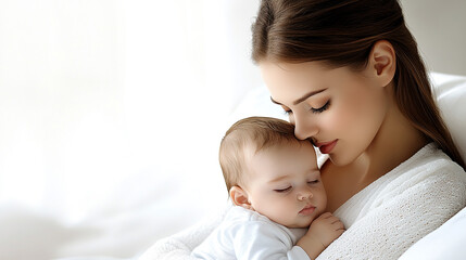 A young woman takes care of a newborn baby.