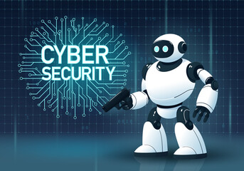 Ai robot assistant cyber security. Artificial intelligence holding gun in hand. Glowing text surrounded by digital circuitry. Microchips and neural network. Safety web concept. Vector illustration.