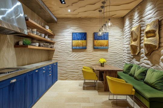 Sleek space with lapis blue kitchen cabinets, wooden art shelves, sand walls, silver lighting, olive green sofa, and lemon yellow dining chairs