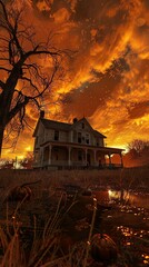 Fototapeta premium A haunted house in the middle of nowhere, surrounded by pumpkins and a...