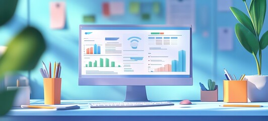 A professional-looking illustration of an expense report with a balance sheet layout, displaying income, expenses, and net profit using modern fonts and clean lines