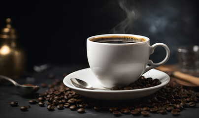 Cup with hot black coffee, contrasting dark background