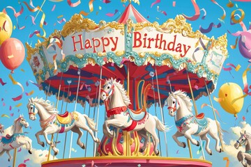 Whimsical Birthday Card with Colorful Carousel and Festive Balloons