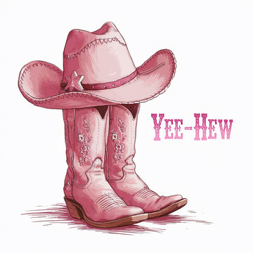 recommend clip art: Pink Cowboy Hat and Boots Illustration with 'YeeHew' Text Western Fashion Art T-Shirt Design