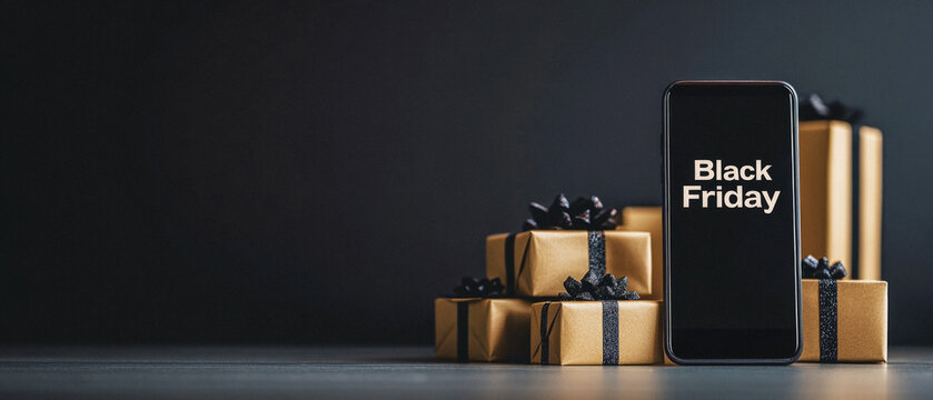 A cell phone is on top of a stack of boxes with the words Black Friday written on it