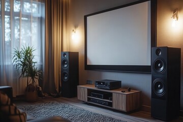 Cozy home theater setup with large screen and audio equipment.