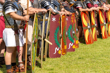 Roman legionnaires in formation with shields and weapons