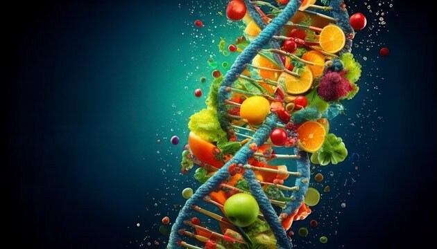 Healthy food diet background with Vivid DNA double helix interwoven code structure. Generated image