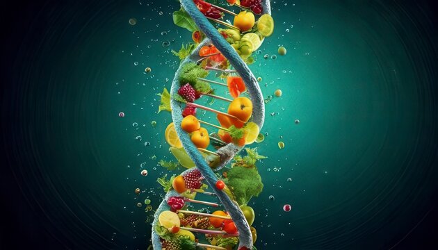 Healthy food diet background with Vivid DNA double helix interwoven code structure. Generated image