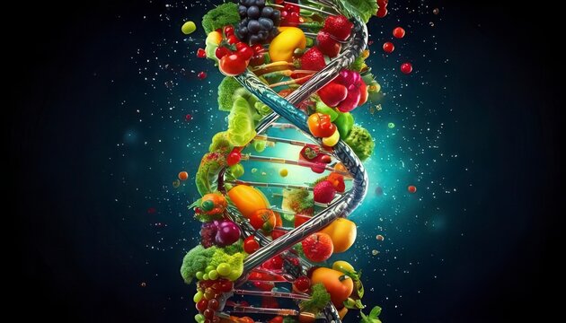 Healthy food diet background with Vivid DNA double helix interwoven code structure. Generated image