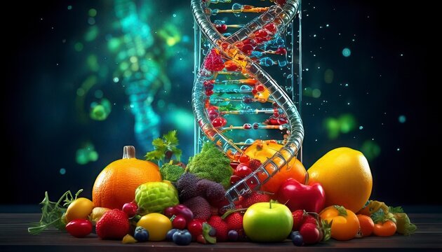 Healthy food diet background with Vivid DNA double helix interwoven code structure. Generated image