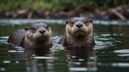 Two otters swimming in a calm pond, looking directly at the camera.