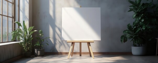 Empty canvas on easel surrounded by plants in sunlit room, perfect for creativity.
