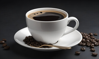 Fototapeta premium Cup with hot black coffee, contrasting dark background, minimalism.