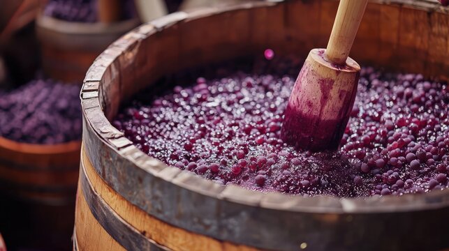 Artisanal wine-making process with grapes being crushed in a wooden vat.