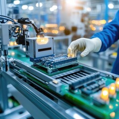 Technician inspecting and assembling circuit boards in a modern electronics manufacturing facility