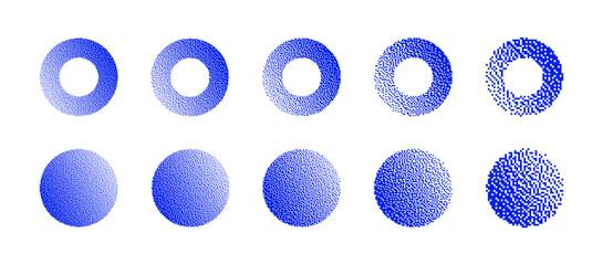 Blue Circles With Various Resolution of Bitmap Dither Gradient Vector Set Isolated On White Background. Retro 8 Bit Pixel Art Graphics Style Round Shapes Different Textures Design Elements Collection