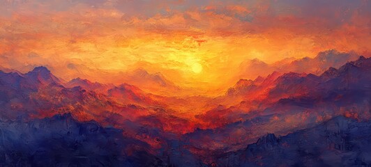 Naklejka premium A richly textured, hand-painted illustration of a desert landscape at sunset, with warm orange and red tones blending with soft purples and blues to create a mesmerizing scene