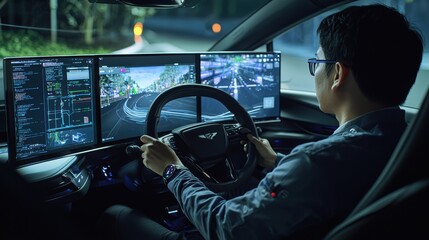 Engineer Developing Self-Driving Car with Advanced Algorithms on Multiple Screens