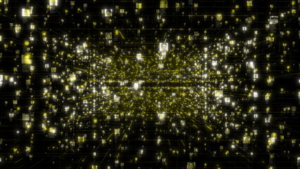 Social network as a stream of unrecognizable portraits moving along yellow data connections. Business, communications or social media motion background. 3D rendering video