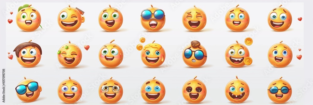 Poster a collection of joyful cartoon fruit characters displaying different happy expressions, perfect for 