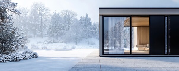 Ultra-modern garden room with jet black sliding doors, contrasting with a snowy winter landscape Minimalistic, high-res image