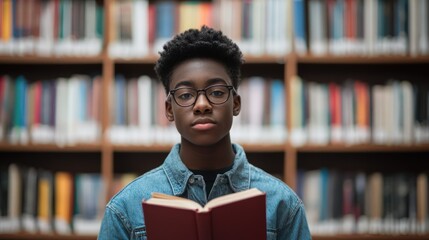 Black teenager holding a book in front of a library backdrop.