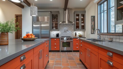 Fototapeta premium A kitchen with burnt orange cabinets, slate gray countertops, chrome fixtures, and terracotta tile flooring