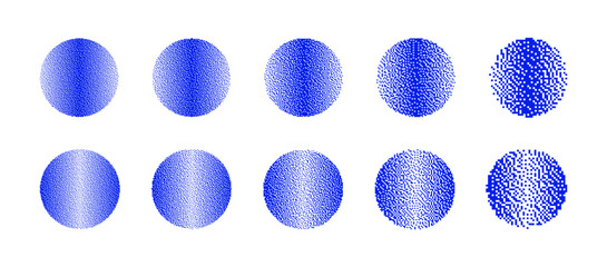 Fototapeta premium Blue Circles With Different Resolution of Bitmap Dither Gradient Vector Set Isolated On White Background. Retro 8 Bit Pixel Art Graphics Style Round Shapes Various Textures Design Elements Collection