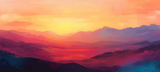 A richly textured, hand-painted illustration of a desert landscape at sunset, with warm orange and red tones blending with soft purples and blues to create a mesmerizing scene
