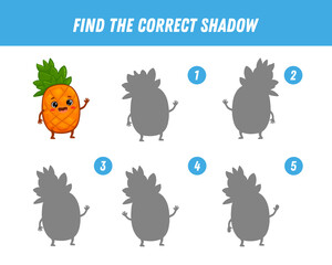 Obraz premium Find correct shadow of cute pineapple. Educational logical game for children. Funny fruit. Cartoon pineapple character. 