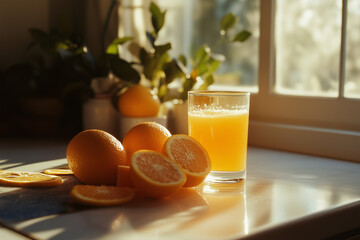 Naklejka premium A glass of freshly squeezed orange juice by the window
