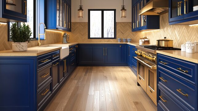 Elegant kitchen with cobalt blue cabinets, tan quartz countertops, brushed gold fixtures, and maple wood flooring