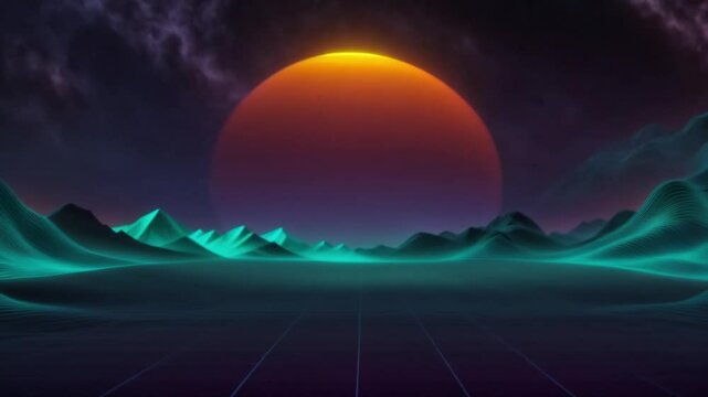 80s retro futuristic sci-fi seamless loop. Retrowave VJ videogame landscape, neon lights and low poly terrain grid. Stylized vintage vaporwave 3D animation background with mountains, sun and stars