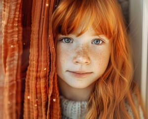 A young girl with red hair and freckles looks out from behind a curtain. AI.