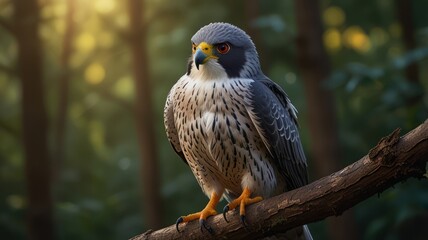 A grey and white falcon with orange eyes perches on a branch in a forest, with the sun shining through the trees behind it.