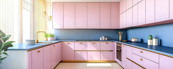 Modern kitchen with cerise pink cabinets, midnight blue quartz countertops, matte gold fixtures, and pale bamboo flooring