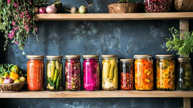 A shelf in a kitchen filled with jars of colorful pickled vegetables