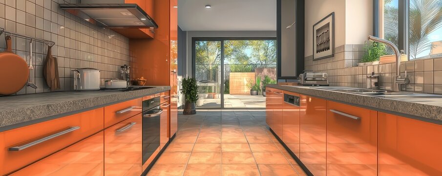 Modern kitchen with burnt orange cabinets, ash gray quartz countertops, chrome fixtures, and terracotta tile flooring