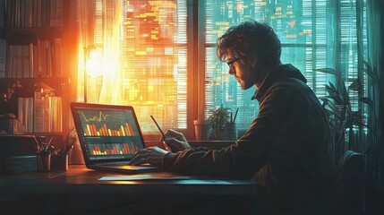 Businessman analyzing financial data on a laptop in a cozy study