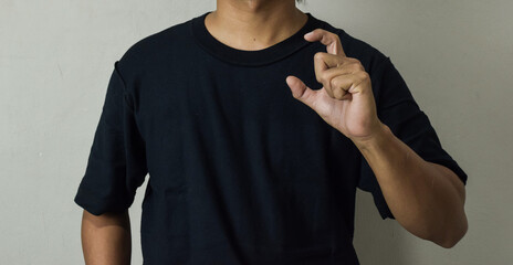 Close up Asian man shows hand gestures it means human emotion and expression using sign language