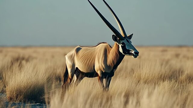 A sable antelope stands tall in the golden grass of the African savanna during the early evening hours