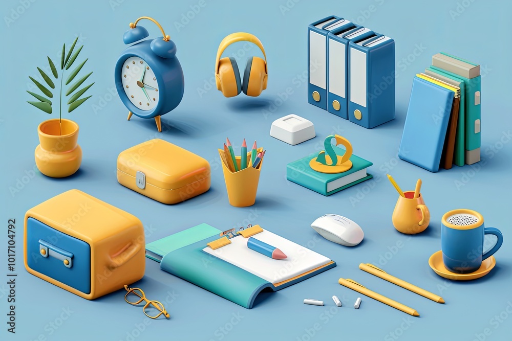 Aufkleber a variety of stylish desk items are neatly arranged, including notebooks, a clock, and stationery, c
