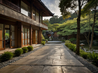 Traditional Japanese villa on a hill, lake, forest, soft light