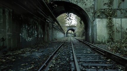 Abandoned Railway Tunnel - Overgrown Tracks and Stone Walls