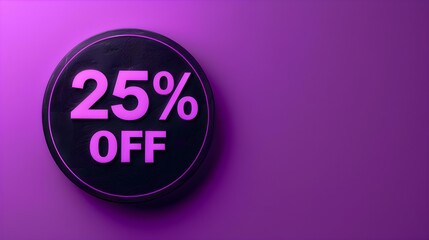 Black '25% OFF' Promotional Sign on a Dark Purple Background with Copy Space